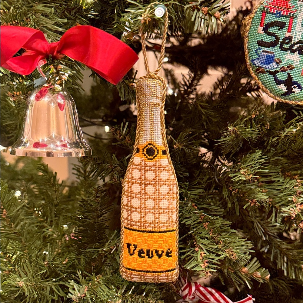 Hand-Stitched Needlepoint Ornament - Cane Veuve Bottle